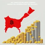 Ein roter Bitcoin-Umriss auf einem grauen Hintergrund, daneben ein steigender Balken-Chart aus Bitcoin-Münzen und gestapelten Münztürmen.