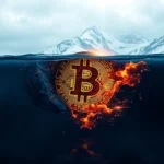 Ein Bitcoin-Symbol, das in Flammen steht, taucht unter einer Wasserlinie auf, mit schneebedeckten Bergen im Hintergrund.