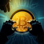 Złoty Bitcoin-Token, otoczony cyfrową siatką z technologicznych wzorów i danych, jest manipulowany przez pary ludzkich dłoni.
