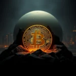 Ein goldenes Bitcoin-Symbol thront auf einem Felsen vor dem Hintergrund einer Stadt bei Nacht und einem großen, scheinbar mondähnlichen Objekt.