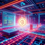 Ein stilisierter, leuchtend orangefarbener Bitcoin-Symbol-Hexagon schwebt in einem neonbeleuchteten, futuristischen Cyberpunk-Raum mit blinkenden Daten auf einem großen Bildschirm und gestapelten Münzen auf dem Boden.
