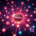 Ein leuchtendes Netzwerk aus roten und blauen Lichtern, die durch dünne Linien verbunden sind, mit einer kreisförmigen, beleuchteten Marke in der Mitte, auf der das Wort "NIGHT" steht.