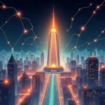 Eine futuristische Stadt bei Nacht, dominiert von einem hohen, glühenden Turm mit dem Namen "GALAXY". Um den Turm herum schlängelt sich eine neonbeleuchtete Straße und unzählige andere Hochhäuser, die in der Dunkelheit des Nachthimmels erstrahlen. Über der Szene zieht sich ein komplexes Netzwerk aus leuchtenden Linien und Punkten, das an eine Datenvisualisierung oder ein neuronales Netz erinnert.