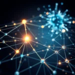 Eine schematische Darstellung eines leuchtenden neuronalen Netzwerks mit orangefarbenen und blauen leuchtenden Knoten, die durch feine Linien verbunden sind, und einem größeren, unscharfen blauen Objekt im Hintergrund, das einer Virusstruktur ähnelt.