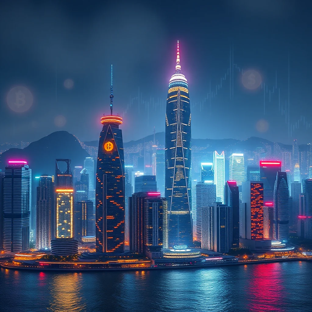 Eine beleuchtete Skyline einer modernen Stadt bei Nacht, mit Wolkenkratzern, die mit Neonlichtern in verschiedenen Farben geschmückt sind, und Bitcoin-Symbolen, die über der Stadt schweben.