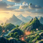 Berglandschaft mit grünem Dschungel und Bäumen, die durch ein Netz aus weißen und roten Linien verbunden sind. Über dem Himmel schweben ein Planet und ein Stern. Oben auf dem Bild steht der Text "SsoLanA".