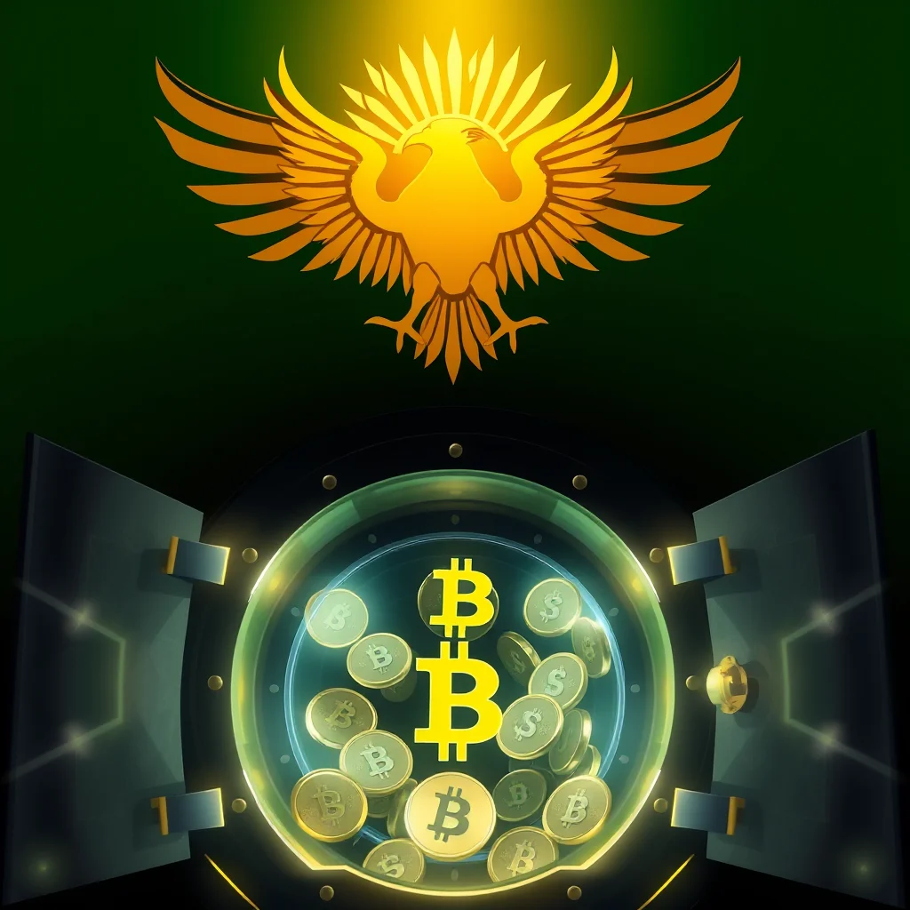 Ein goldener, stilisierter Adler mit ausgebreiteten Flügeln schwebt über einem geöffneten Tresor, in dem sich ein Haufen goldener Bitcoin-Münzen befindet.