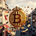 Ein riesiges goldenes Bitcoin-Symbol mit einer Krone schwebt über einer belebten Straße mit Gebäuden und Menschen. Um das Symbol herum verstreut sind viele weitere Bitcoin-Münzen in der Luft.
