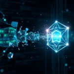 Ein zerbrochener digitaler Stream aus Binärcode, der sich mit einem leuchtenden, geometrischen Objekt ausstrahlt.