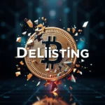 Das Wort "DELISTING" ist in großen, weißen Buchstaben auf einem Bitcoin-Symbol abgebildet, das in Stücke zerbrochen ist.