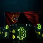 Eine Silhouette einer Person mit Kapuze steht vor einer Flagge, die mit Sternen und einem stilisierten Zeichen geschmückt ist. Vor der Silhouette sind mehrere Festungen oder Mauern mit Bitcoin-Symbolen zu sehen, die in Neonlichtern erstrahlen.