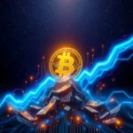 Ein leuchtendes Bitcoin-Symbol thront auf einem Berg aus elektronischen Komponenten, der im Nachthimmel unter einem Sternenmeer und einer aufsteigenden blauen Liniengrafik steht.
