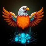 Ein digitaler Adler mit leuchtend orangem Körper, der mit elektronischen Schaltkreisen verziert ist, steht über einem Nest mit leuchtend blauen Bitcoin-Symbolen.