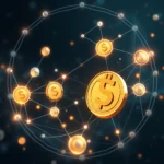 Ein stilisiertes Netzwerk aus goldenen Münzen mit Dollarzeichen, die durch Linien und leuchtende Kugeln verbunden sind, auf einem dunklen, unscharfen Hintergrund.