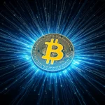 Eine Bitcoin-Münze mit leuchtendem gelbem Bitcoin-Symbol in der Mitte, umgeben von blauen, strahlenförmigen Energie- oder Datenlinien auf schwarzem Hintergrund.