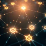 Ein abstraktes, leuchtendes Netzwerk aus goldenen, würfelförmigen Knoten, die durch dünne, weiße Linien verbunden sind, erstreckt sich über einen dunklen Hintergrund.