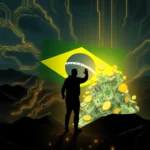 Ein Mann in Silhouette winkt mit einer Hand vor einem Haufen Geld und Bitcoin, vor der brasilianischen Flagge und einer futuristischen, leuchtenden Leiterplatte.