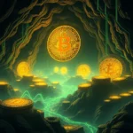 Ein digitaler Bitcoin-Schatz in einer dunkelgrünen, nebelverhangenen Berglandschaft mit leuchtend gelben Bitcoin-Münzen, die auf den felsigen Gipfeln verstreut sind. Mehrere riesige, goldene Bitcoins schweben im Hintergrund, während sich im Tal leuchtend grüne Energieflüsse schlängeln.