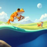 Ein stilisiertes orangefarbenes Frosch, der auf einer grünen Hügellandschaft über einer tiefblauen Wasserfläche in die Luft springt, mit einem Shiba Inu, der im Hintergrund steht, und einem hellblauen Himmel mit Wolken und einem hellen Ball.