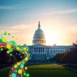 Der United States Capitol Building im Abendlicht mit bunten, wirbelnden Geldmünzen und Lichtern im Vordergrund.