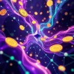Abstrakte Darstellung von Kryptowährungen mit Ethereum-Symbol in der Mitte, umgeben von goldenen Münzen und leuchtenden, vernetzten Linien auf dunklem Hintergrund.