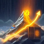 Ein Bitcoin-Symbol leuchtet auf einem Berggipfel, während ein gelber Aufwärtstrendpfeil darüber verläuft. Im Hintergrund fallen binäre Zahlen wie Regen auf eine bewölkte Stadt.