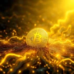 Eine goldene Bitcoin-Münze, die auf einer leuchtenden Leiterplatte mit neonfarbenen Linien liegt, die wie Energieflüsse aussehen.