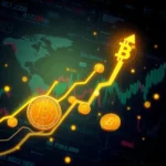 Ein Bitcoin-Symbol mit Pfeil nach oben, das eine aufsteigende Linie über einem Börsendiagramm zeigt, das eine Weltkarte im Hintergrund ist.