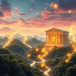 Ein strahlendes, goldenes griechisches Gebäude thront auf einem üppig bewachsenen Berggipfel, über dem ein malerischer Himmel in sanften Rosatönen und tiefem Blau mit vereinzelten goldenen Sternen liegt. Von dem Gebäude aus schlängelt sich eine leuchtend goldene Linie, die mit Bitcoin-Symbolen und Dollarzeichen verziert ist, durch die bewaldeten Hügel und Täler, die in der Ferne in nebliger Schönheit verschwinden.