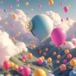 Ein riesiger hellblauer Ballon mit einem Dollarzeichen darauf schwebt über einer hügeligen Landschaft voller kleinerer bunter Ballons und flauschiger Wolken.