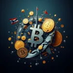 Eine abstrakte Darstellung von Bitcoin mit einem riesigen Bitcoin-Symbol in der Mitte, umgeben von kleineren Bitcoin-Münzen, Zahnrädern, und Fahnen vor einem dunklen Hintergrund.