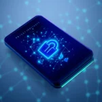 Ein Smartphone mit einem leuchtend blauen Vorhängeschloss-Symbol, das von einem vernetzten digitalen Muster umgeben ist, auf einem blauen Hintergrund mit leuchtenden Punkten und Linien.