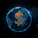 Ein goldener Dollar-Symbol steht vor einer holografischen Darstellung der Erde, beleuchtet von blauem Licht und mit kleinen orangefarbenen Lichtern auf dem dunklen Hintergrund.