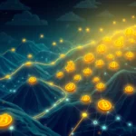 Eine abstrakte Darstellung von Bitcoin-Symbolen, die auf einer leuchtenden, vernetzten Berglandschaft mit einem dunklen, bewölkten Himmel im Hintergrund leuchten.
