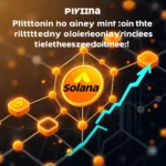 Ein aufwärts gerichteter blauer Pfeil zeigt auf das Solana-Logo auf orangefarbenem Hintergrund.