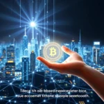 Eine Hand hält ein Bitcoin-Symbol vor einer nächtlichen Skyline mit leuchtenden Linien.