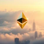 Eine stilisierte Darstellung des Ethereum-Logos, schwebend über einer Stadt im Nebel, die von einem aufsteigenden Diagramm durchzogen wird.