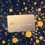 Eine goldene Kreditkarte mit einem Chip und aufgedruckter Nummer schwebt vor einem dunklen Hintergrund mit einem Netzwerk aus leuchtenden Punkten und Linien, durchsetzt mit Bitcoin-Symbolen und anderen Währungssymbolen wie dem Pfund-Symbol.