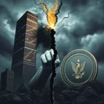 Eine Faust zerbricht mit einem Riss und Flammen einen dunklen Himmel, während ein Wolkenkratzer mit dem Namen "PALACE" und ein großes goldenes Siegel mit einem Adler auf einem felsigen Hintergrund zu sehen sind.