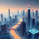 Luftaufnahme einer futuristischen Stadt bei Nacht, mit beleuchteten Wolkenkratzern, einem fließenden Netzwerk aus leuchtenden Straßen und schwebenden Kugeln am Himmel.