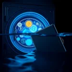 Ein silberner Safetresor mit einem leuchtend blauen Kreis im Inneren, der von zahlreichen stilisierten Bitcoins umgeben ist. Ein schwarzes Smartphone wird halb in Wasser getaucht, das über den unteren Teil des Tresors fließt.