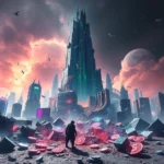 Ein Mann steht inmitten einer zerstörten Stadtlandschaft, die von riesigen, zerfallenden Gebäuden und einem kolossalen, neongrünen Turm dominiert wird. Der Himmel ist in dramatischen Rottönen und Wolken getaucht, und der Mond oder ein anderer Planet ist am Horizont zu sehen. Verstreut auf dem Boden liegen große, rote Münzen mit einem Dollarzeichen darauf, zusammen mit zerbrochenen Kuben und Trümmern, die auf eine katastrophale Ereignis hindeuten. Vögel ziehen am Himmel ihre Kreise.