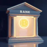 Eine Bank, auf der das Bitcoin-Symbol leuchtet und der Schriftzug "BANK" über einem Eingang mit zwei Säulen zu sehen ist.