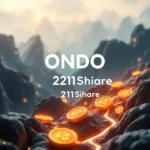 Eine Nahaufnahme von goldenen Münzen, die sich auf einem felsigen, bergigen Gelände wie ein Fluss winden, mit dem Text "ONDO 2211Shiare 211Sihare" in Großbuchstaben in der Mitte.