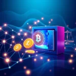 Ein digitaler Tresor mit dem Bitcoin-Symbol darin, daneförmige Linien und leuchtende Punkte, die ein Netzwerk darstellen, sowie Münzen mit Dollar- und Litecoin-Symbolen daneben, vor einem blauen Hintergrund mit Wellenmustern und einer Waage auf der rechten Seite.