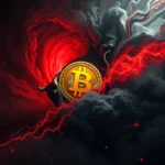 Eine goldene Bitcoin-Münze wird von einem Stier gehalten, der aus dunklem Rauch auftaucht, umgeben von einem wirbelnden roten Hintergrund, der von brennenden Energielinien und abstrakten Diagrammen durchzogen ist.