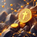 Goldmünzen mit Kreuzsymbol und Bitcoin-Symbol vor einem dunklen Hintergrund mit goldenen Verbindungen.