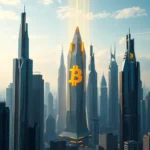 Ein futuristisches Stadtbild mit hoch aufragenden Wolkenkratzern, die mit Bitcoin-Symbolen geschmückt sind und eine globale digitale Finanzlandschaft darstellen.