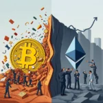 Eine bildliche Darstellung des Aufstiegs von Ethereum und des Niedergangs von Bitcoin. Auf der linken Seite stürzt ein riesiges Bitcoin-Symbol vom Felsen, umgeben von fallenden Objekten, die auf den Niedergang von Bitcoin hindeuten. Auf der rechten Seite erhebt sich das Ethereum-Symbol über einer felsigen Landschaft, während Menschen es bewundern und ein steigender Graph seine zunehmende Bedeutung zeigt.