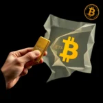 Eine Hand hält einen goldenen Bitcoin-Barren vor einem schwarzen Hintergrund. Im Hintergrund ist ein durchscheinendes, gefaltetes Objekt zu sehen, auf dem das Bitcoin-Logo und das Wort "ETF" abgebildet sind. Oben rechts befindet sich ein goldenes kreisförmiges Emblem mit der Aufschrift "ESTIMATED TIMES CONSULTS" und einem stilisierten Bitcoin-Symbol.